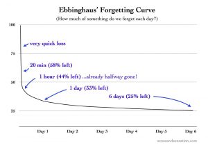 Ebbinghaus's forgetting curve - a exponential decay graph