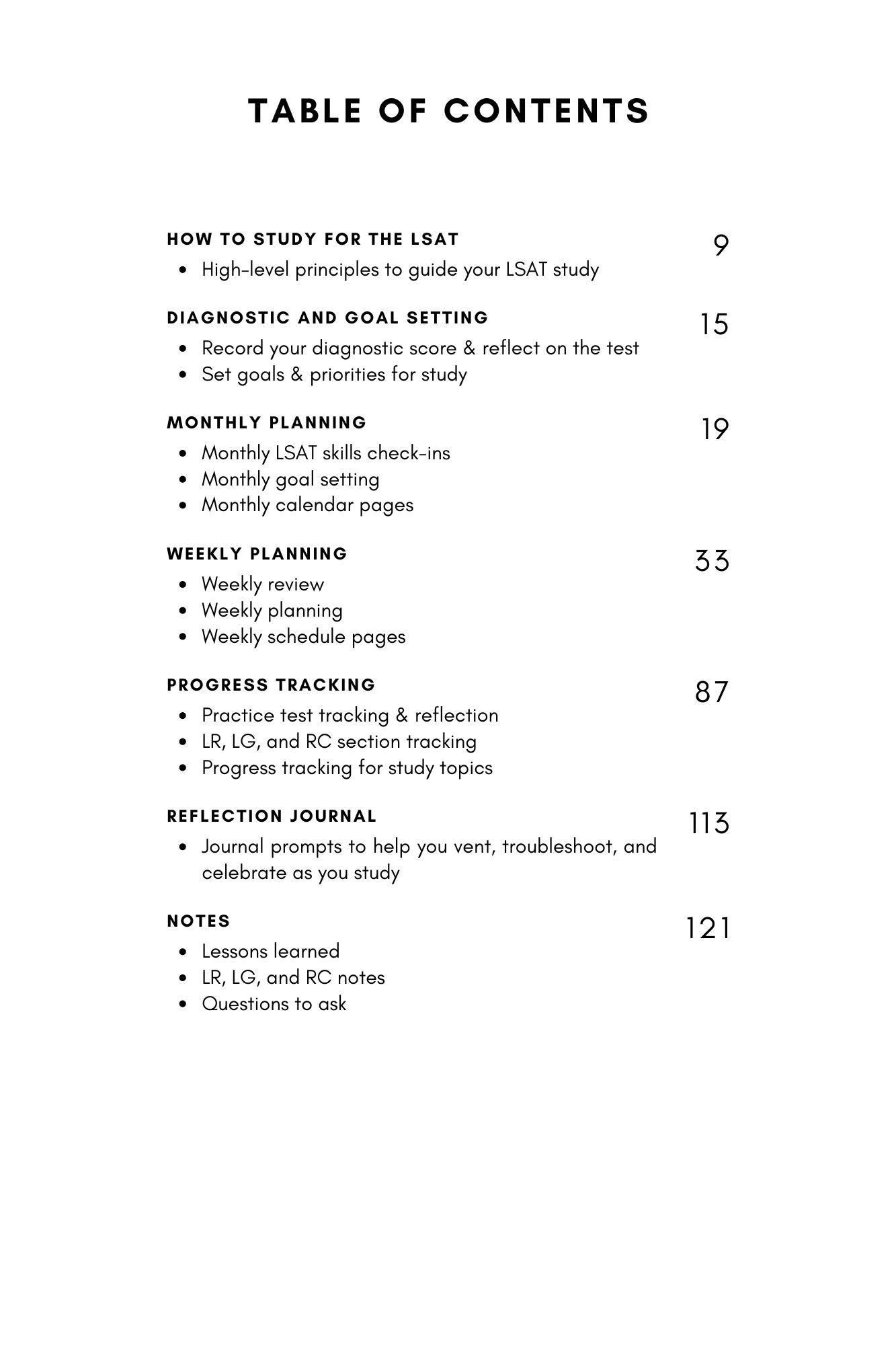 LSAT Study Planner table of contents